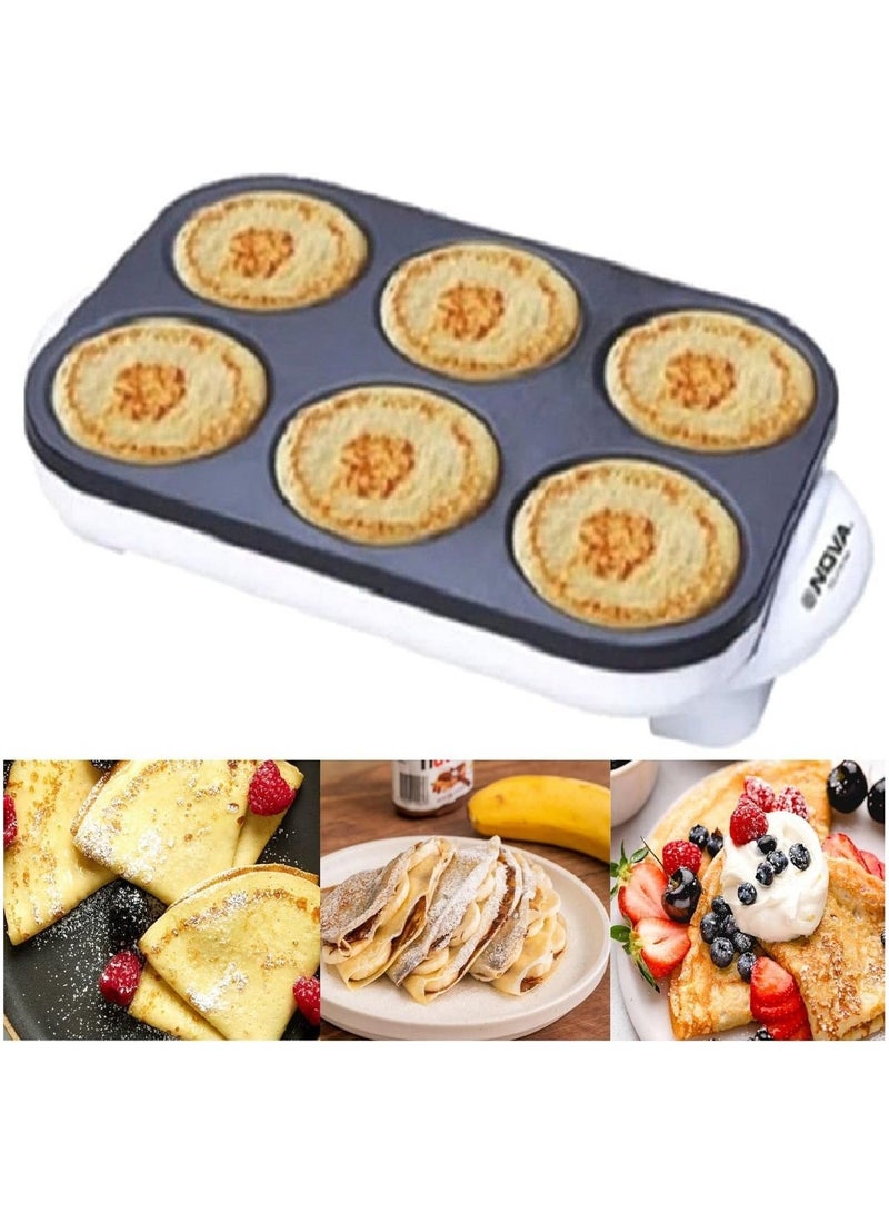 نوفا NOVA 6-Hole Crepe Maker 1000W | Multi Mini Pancake & Qatayef Maker | Non-Stick Electric Crepe Pan | Puffy Soft Tasty Crepes" - Image 5
